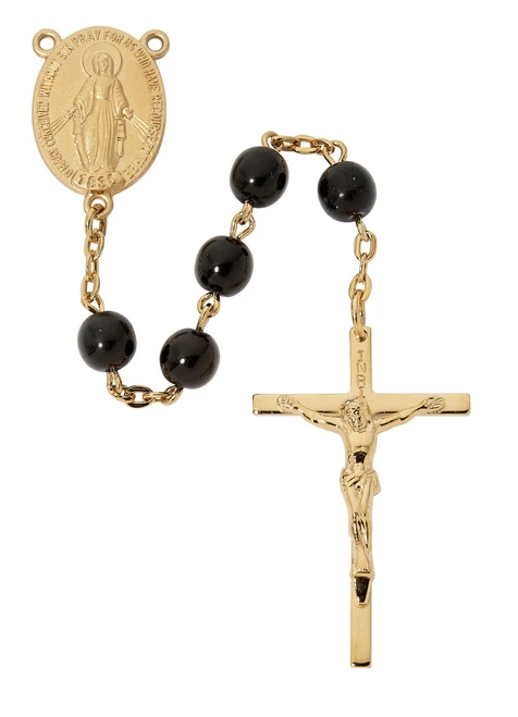 7mm Black Glass Rosary with Gold over Sterling Silver Crucifix R982JF