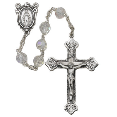 7mm Crystal Tin-Cut Bead Rosary with Sterling Silver Crucifix and Center 7ABL-CRF