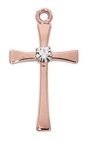 Rose Gold Plated Pewter Cross with Stone on 18" Chain HR9208