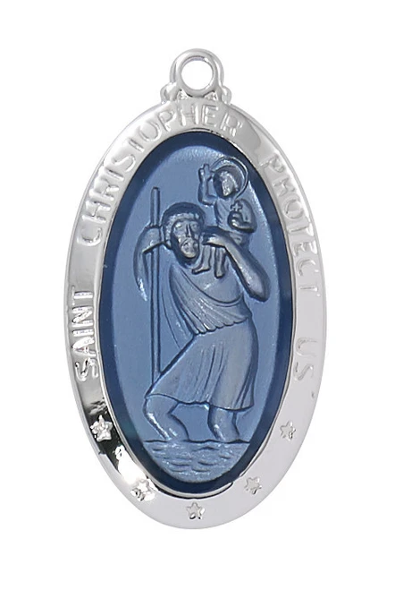 Sterling Silver Blue Enamel St. Christopher Medal on 18" Chain L833