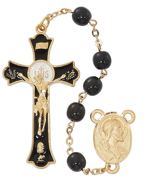 7mm Black Glass Rosary with Holy Mass Crucifix R559HF