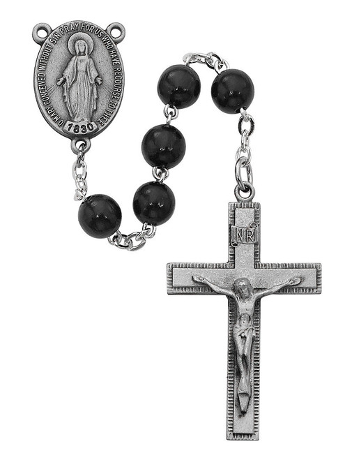 Black Wood Bead Rosary with Sterling Silver Crucifix and Center R434LF