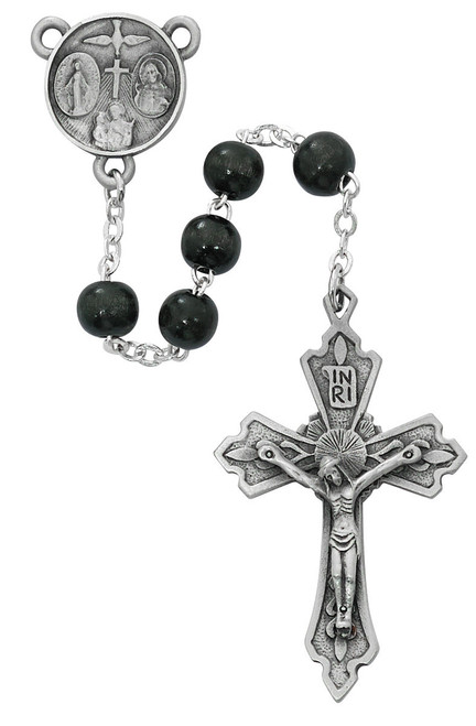 Black Round Wood Bead Rosary R875F