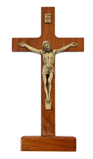 8" Walnut Stain Standing Crucifix with Antique Gold Corpus 80-215