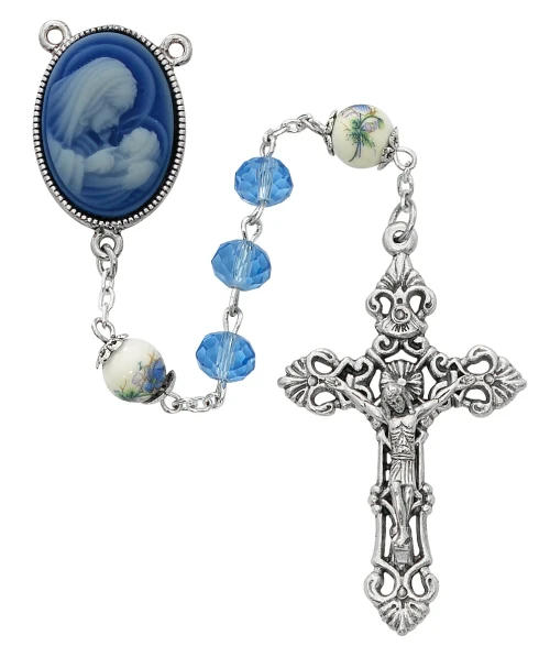7mm Blue Crystal Mother and Child Cameo Rosary R724F
