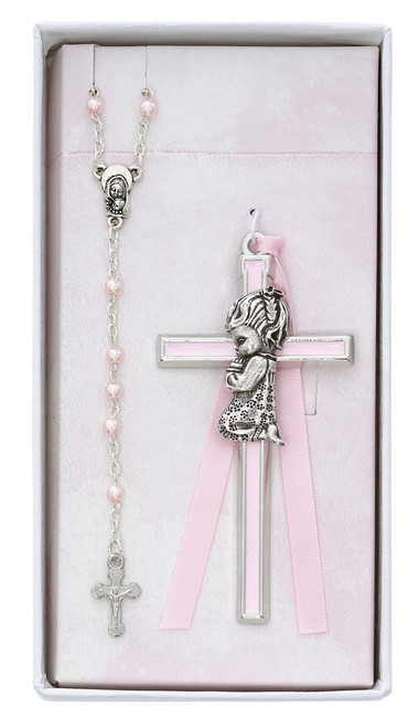 Girl's Cross and Pink Pearl Rosary Gift Set BS50