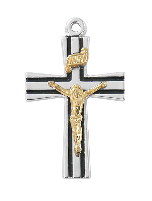 Sterling Silver Two-Tone Black Epoxy Crucifix on 18" Chain L9266