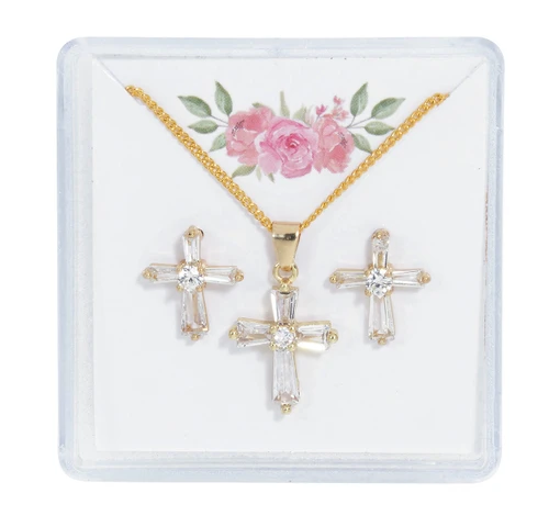 Gold Tone Crystal Baguette Cross Earrings and Pendant Set PES21