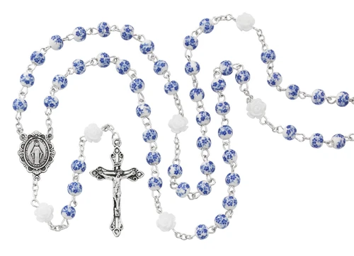 6mm Blue Ceramic Flower Bead Rosary R871G