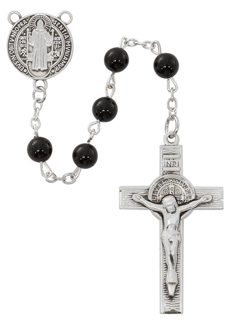 Black Onyx-Colored St. Benedict Rosary with Sterling Silver Crucifix and Center R933LF