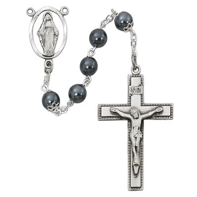 7mm Imitation Hematite Rosary with Sterling Silver Crucifix and Center 603LF