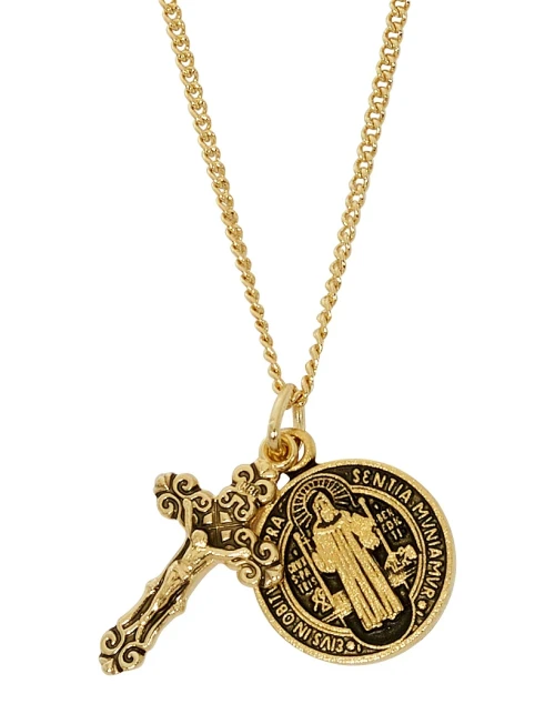 Gold over Sterling Silver St. Benedict and Crucifix Pendant Set JD101