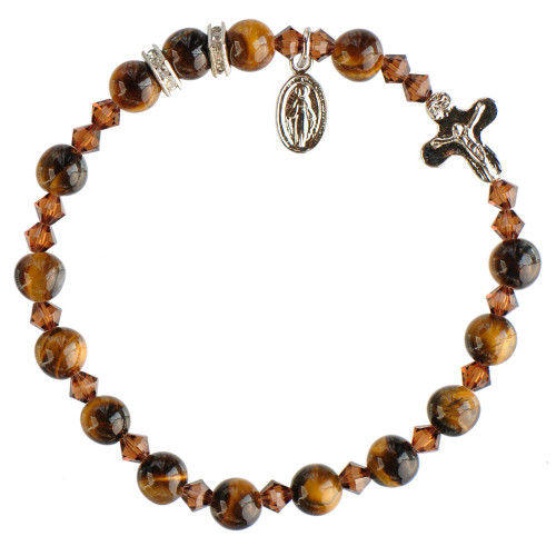 6mm Genuine Tiger Eye Bracelet with Crucifix and Miraculous Medal, RBS37