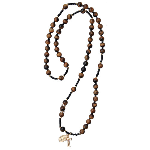 6mm Tiger Eye Rosary Necklace with Crucifix and Miraculous Medal, SN22