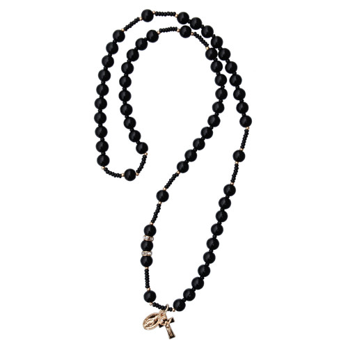 6mm Black Onyx Rosary Necklace with Crucifix and Miraculous Medal, SN29