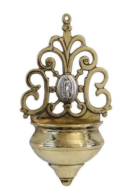 Holy Water Font with Pewter Style Our Lady of Guadalupe Medal 7.75" 300-L-32GUAD