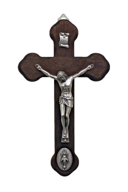 Wood Crucifix with Metal Corpus & Miraculous Medal Medallion 8.75 MC-MM