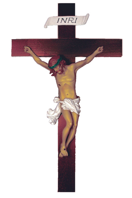 Crucifix in Hand-Painted Alabaster on a Wood Cross 14" MA-660-C