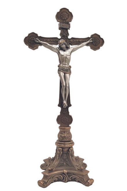 Standing Double Sided Crucifix in Two Tone Pewter Style Corpus 12.5" SR-77271-BS