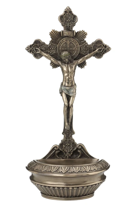 Standing/Hanging St. Benedict Crucifixion Font in Cold Cast Bronze 9.5" SR-77375
