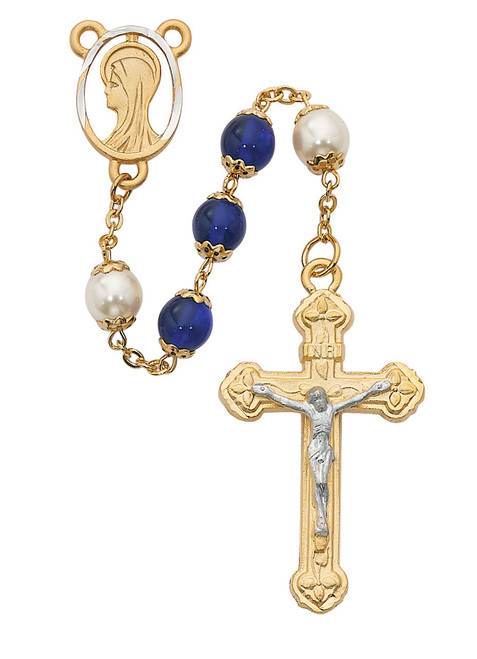 Blessed Virgin Mary Blue and Pearl Glass Gold Plated Rosary