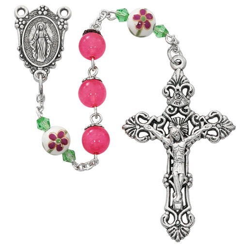 Blessed Mary Pink and Ceramic Flower Rosary