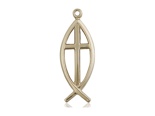 Gold Filled Fish / Cross Pendant, Stainless Gold Heavy Curb Chain, 1" x 3/8"