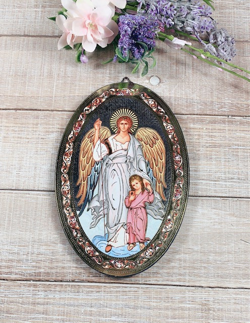 Guardian Angel and Child in Pink Icon Plaque