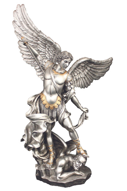 St. Michael Statue pewter style finish golden highlights 14.5 inch