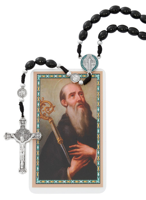 Black Wood Bead Saint Benedict Rosary with Holy Card 718R