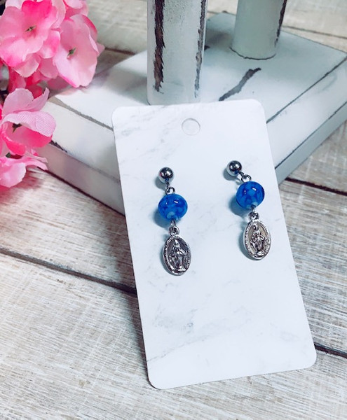 Stainless Steel Miraculous Medal  Murano Bead Earrings 125-33-0006