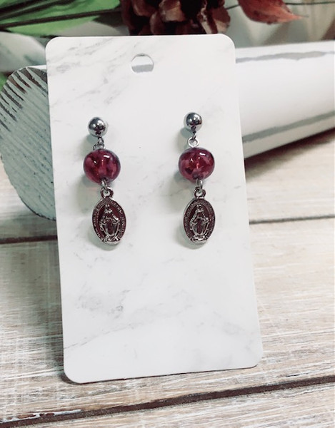 Stainless Steel Miraculous Medal  Murano Bead Earrings 125-33-0005
