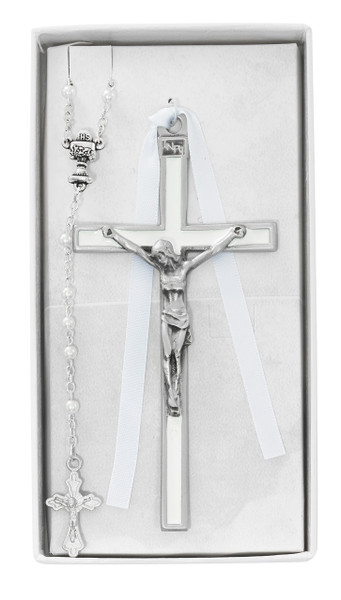 White Enameled Crucifix and Rosary CBS3