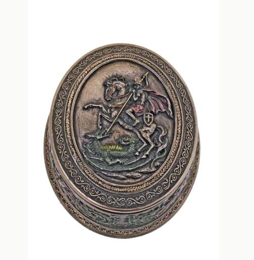 Oval St. George Box in Lightly Hand-Painted Cold Cast Bronze