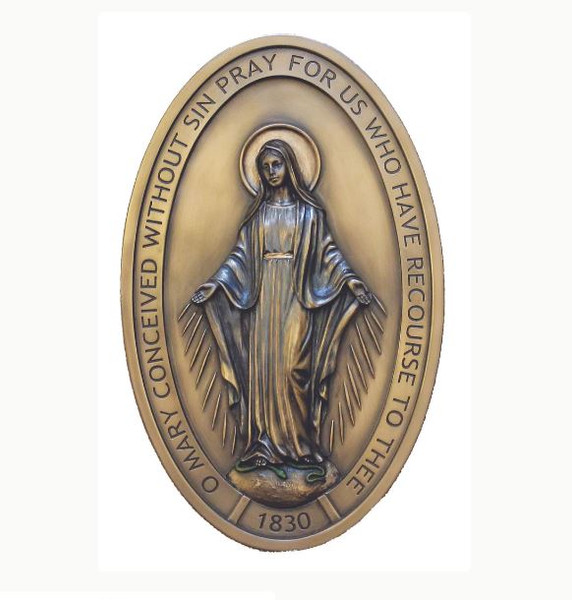 Miraculous Medal Plaque in Lightly Hand-Painted Cold Cast Bronze