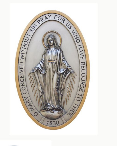 Miraculous Medal Plaque in Pewter Style with Gold Highlights
