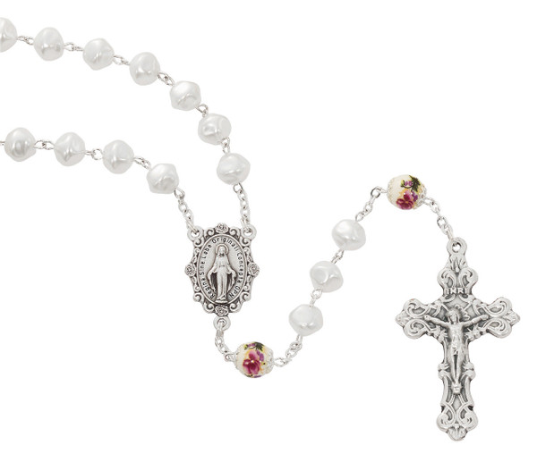 8mm Pearl Rosary with Capped Ceramic Flower Our Father Beads R968F