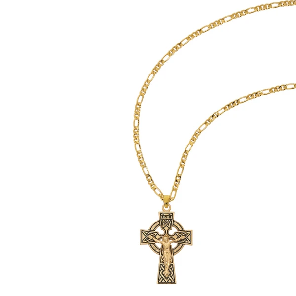 Gold over Sterling Silver Celtic Crucifix on 24" Figaro Chain J9030FG