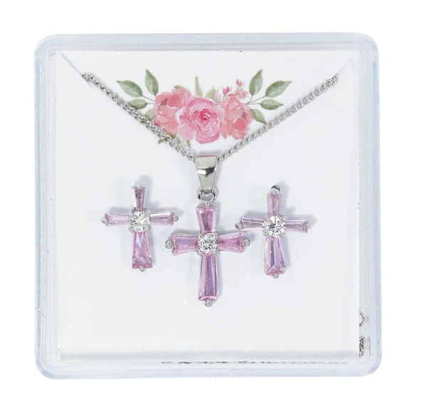 Pink Cubic Zirconia Cross Pendant and Earring Set PES14