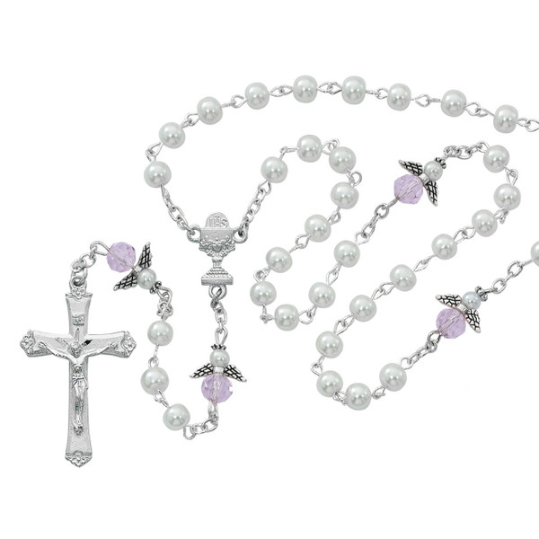 5mm White Pearl Rosary with Pink Angel Our Father Beads R553SW