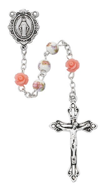 6mm Pink Ceramic Flower Bead Rosary R870G