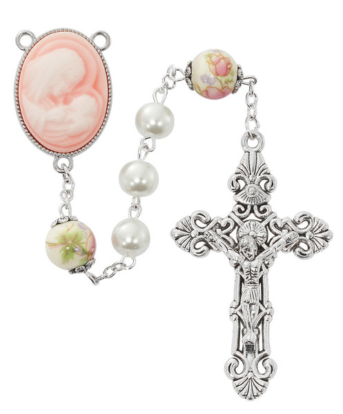 8mm Pearl Rosary with Pink Mother and Child Cameo Beads R953F