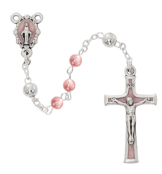 4mm Pink Pearl Baby Rosary with Deluxe Box R971G