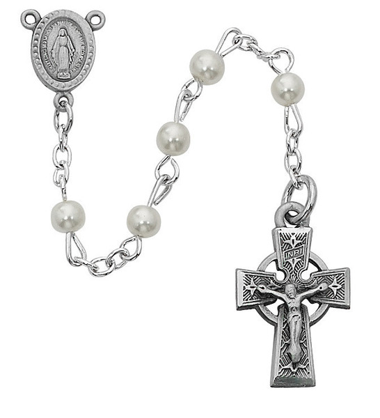 5mm Pearl Rosary with Pewter Celtic Crucifix R320DG