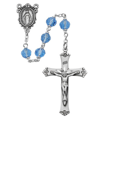 7mm Blue Tin-Cut Rosary with Sterling Silver Crucifix and Center R408LF