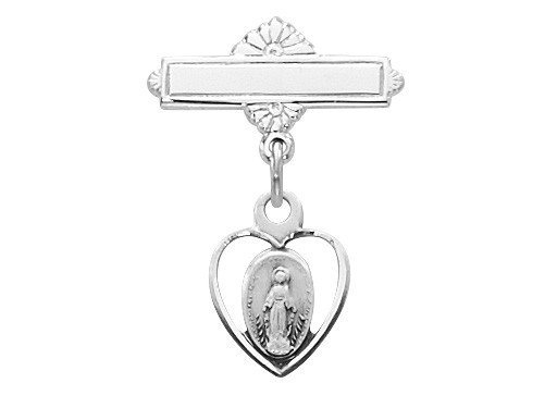 Sterling Silver Heart Miraculous Medal Baby Pin 436LT