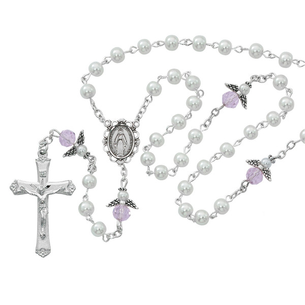 5mm White Pearl Rosary with Pink Angel Our Father Beads R553RW