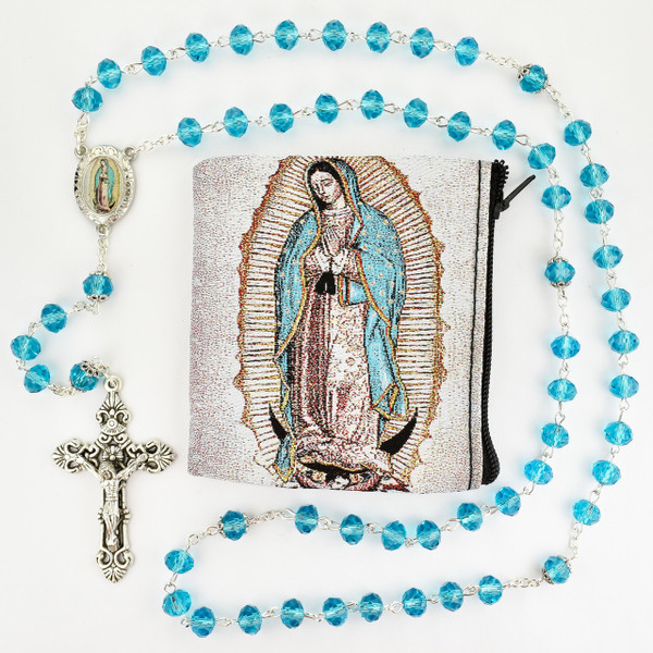 Aqua Crystal Rosary with Our Lady of Guadalupe Pouch P399PB