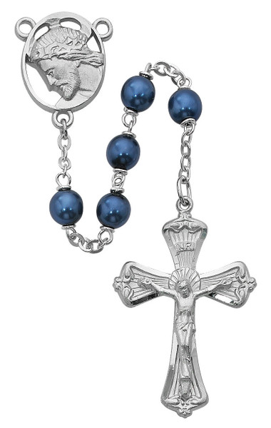 7mm Blue Metallic Glass Rosary with Head of Christ Center R280RF