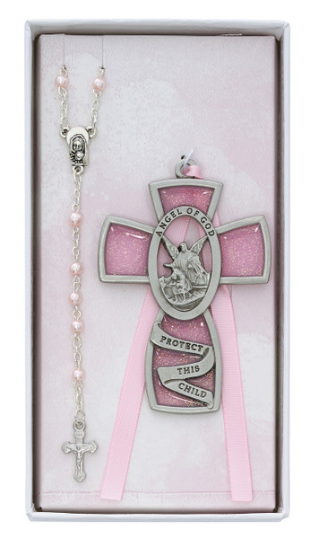 Pink Guardian Angel Cross and Pearl Rosary Baby Set BS8